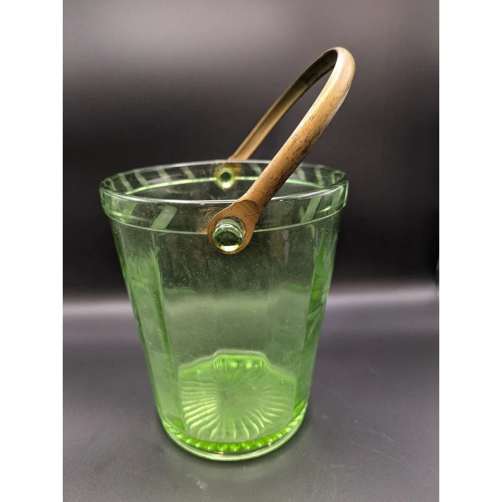 Green Depression Glass Etched Green Ice Bucket with Bras Handle